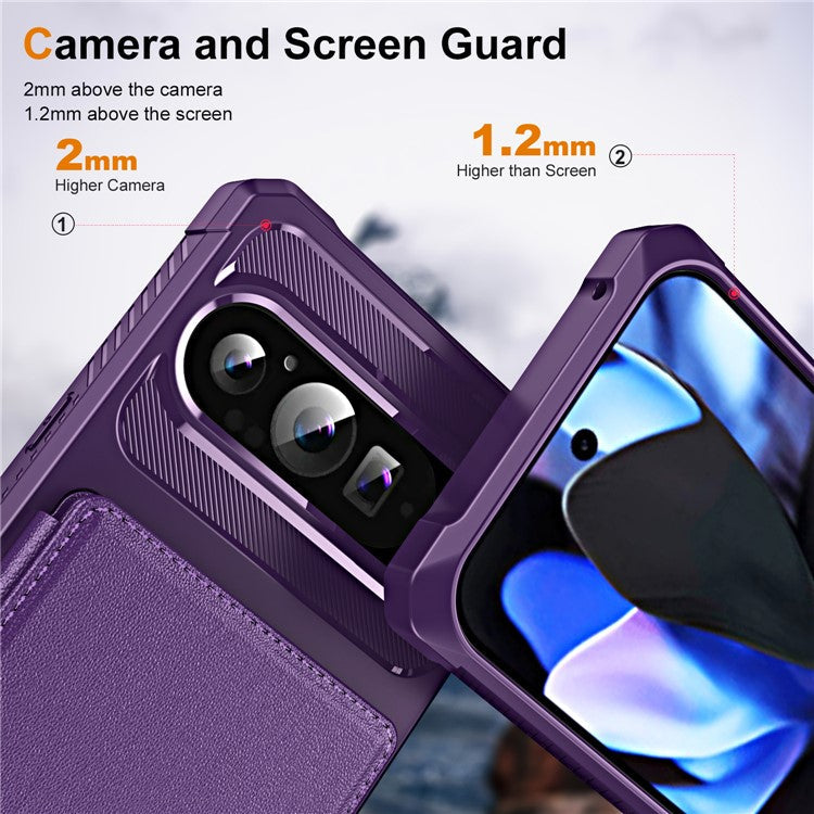 For Google Pixel 9 / Pixel 9 Pro Case Card Slot Kickstand Leather+TPU Reinforced Corner Phone Cover - Purple