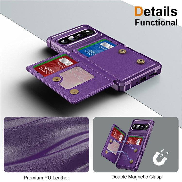 For Google Pixel 9 / Pixel 9 Pro Case Card Slot Kickstand Leather+TPU Reinforced Corner Phone Cover - Purple