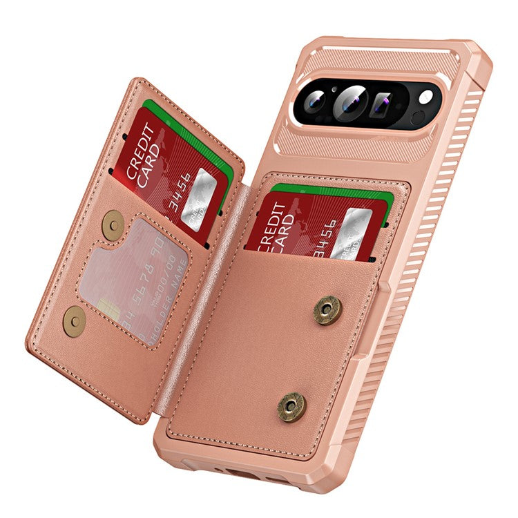 For Google Pixel 9 / Pixel 9 Pro Case Card Slot Kickstand Leather+TPU Reinforced Corner Phone Cover - Rose Gold
