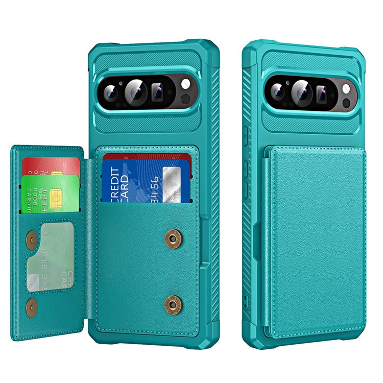 For Google Pixel 9 / Pixel 9 Pro Case Card Slot Kickstand Leather+TPU Reinforced Corner Phone Cover - Green