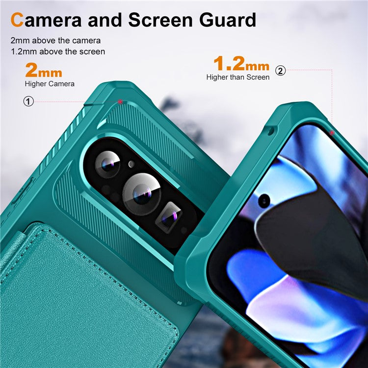 For Google Pixel 9 / Pixel 9 Pro Case Card Slot Kickstand Leather+TPU Reinforced Corner Phone Cover - Green