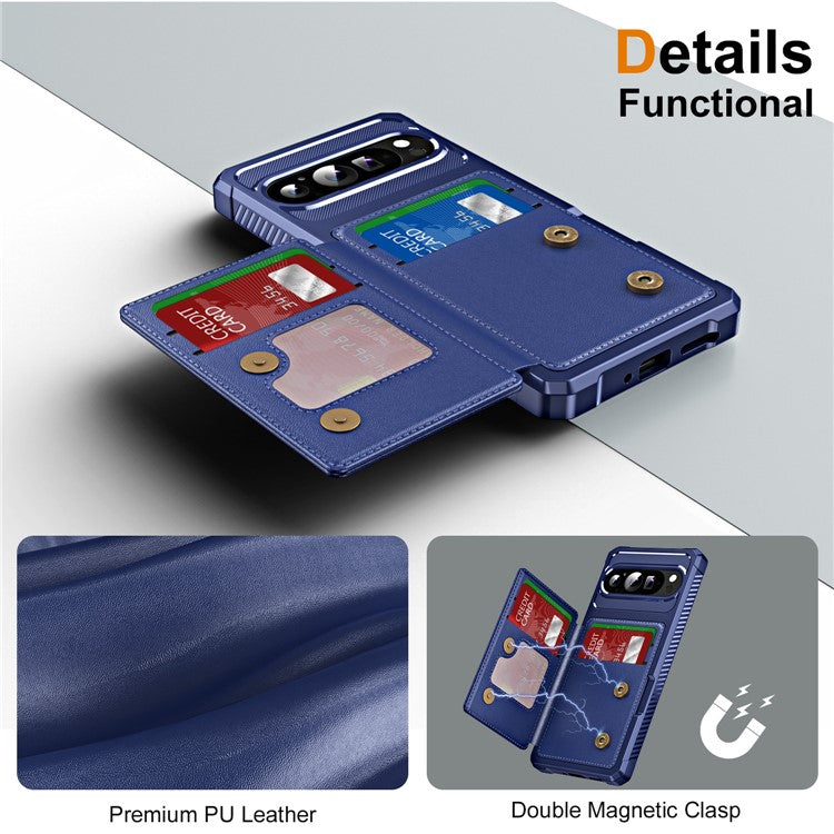 For Google Pixel 9 / Pixel 9 Pro Case Card Slot Kickstand Leather+TPU Reinforced Corner Phone Cover - Dark Blue