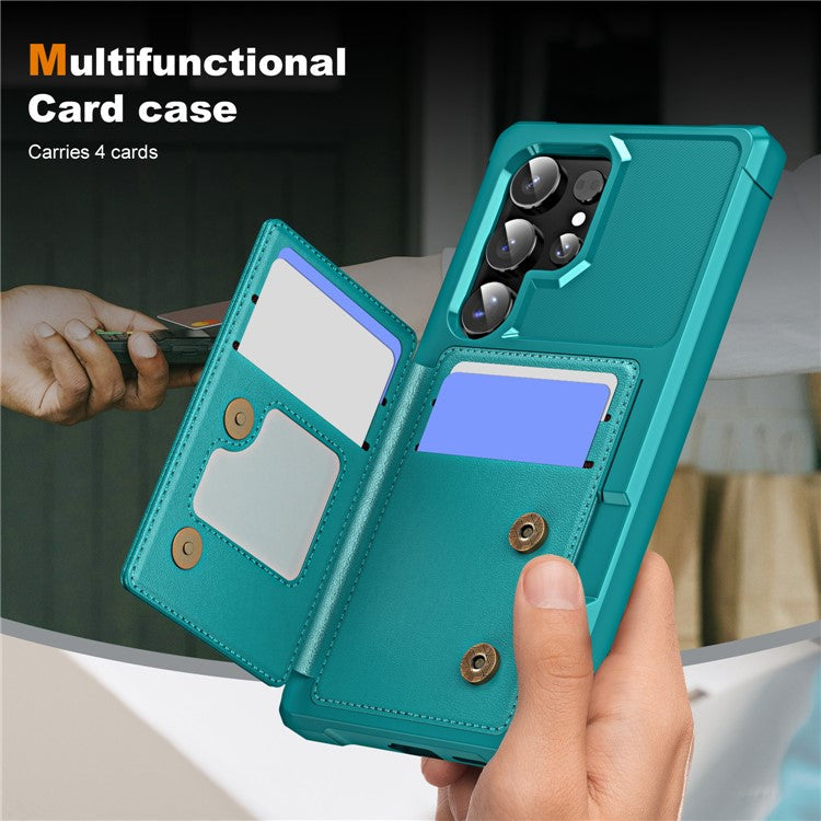 For Samsung Galaxy S24 Ultra Case Card Slot Kickstand Leather+TPU Reinforced Corner Phone Cover - Green