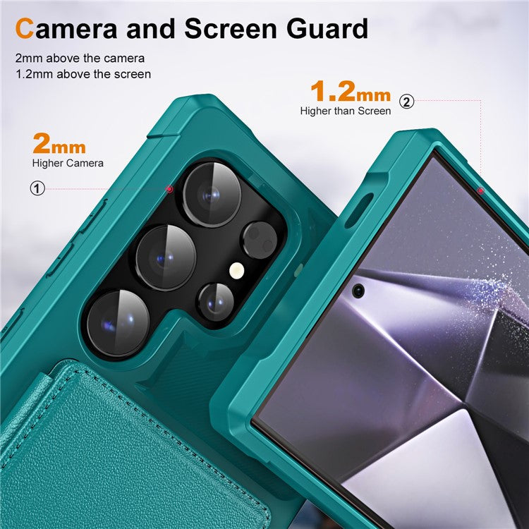 For Samsung Galaxy S24 Ultra Case Card Slot Kickstand Leather+TPU Reinforced Corner Phone Cover - Green