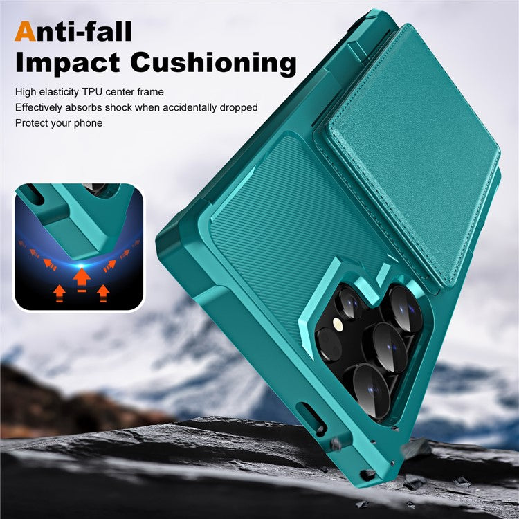 For Samsung Galaxy S24 Ultra Case Card Slot Kickstand Leather+TPU Reinforced Corner Phone Cover - Green