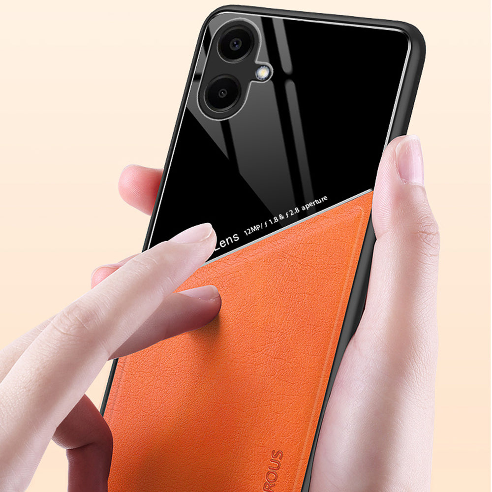 For Samsung Galaxy A06 Case Leather Coated PC+TPU Phone Back Cover - Orange