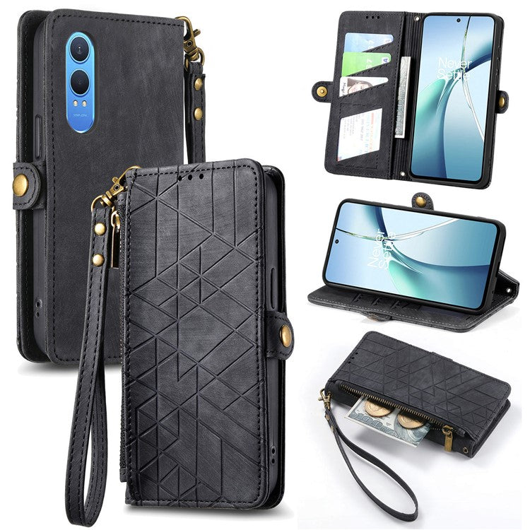 For OnePlus Nord CE4 Lite 5G / Oppo K12x 5G (China) Case Zipper Wallet Geometry Lines Leather Phone Cover - Black