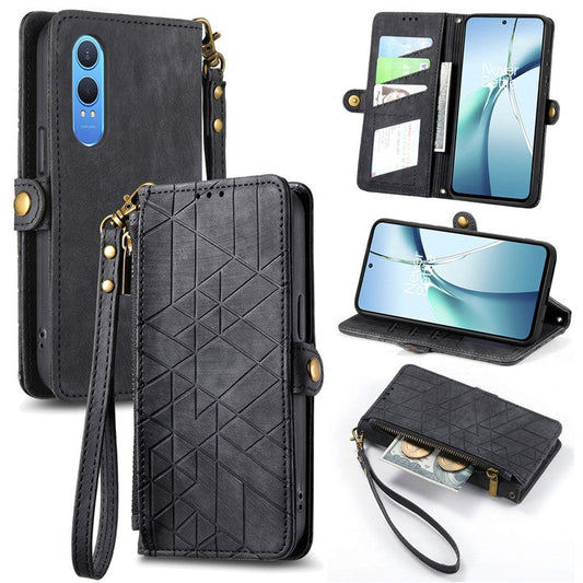 For OnePlus Nord CE4 Lite 5G / Oppo K12x 5G (China) Case Zipper Wallet Geometry Lines Leather Phone Cover - Black