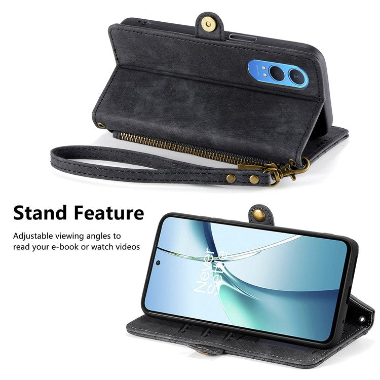 For OnePlus Nord CE4 Lite 5G / Oppo K12x 5G (China) Case Zipper Wallet Geometry Lines Leather Phone Cover - Black