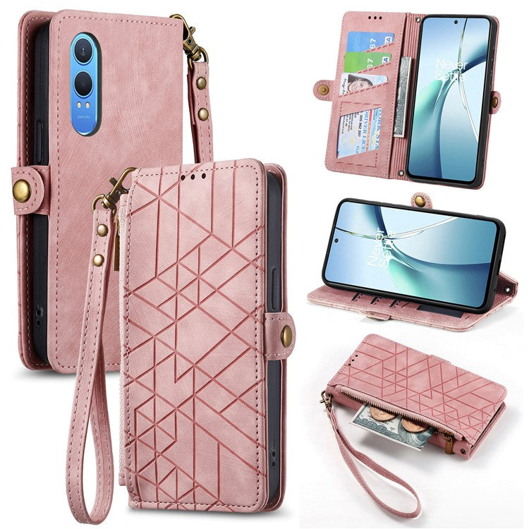 For OnePlus Nord CE4 Lite 5G / Oppo K12x 5G (China) Case Zipper Wallet Geometry Lines Leather Phone Cover - Pink