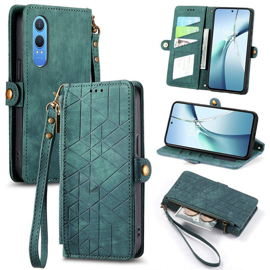 For OnePlus Nord CE4 Lite 5G / Oppo K12x 5G (China) Case Zipper Wallet Geometry Lines Leather Phone Cover - Green