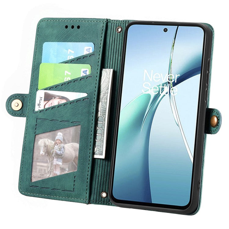 For OnePlus Nord CE4 Lite 5G / Oppo K12x 5G (China) Case Zipper Wallet Geometry Lines Leather Phone Cover - Green