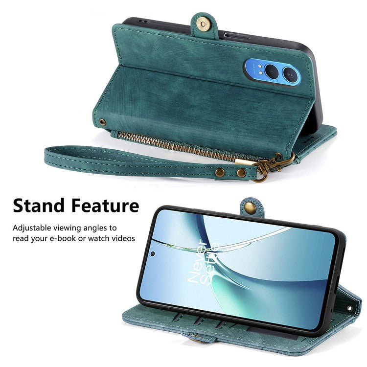For OnePlus Nord CE4 Lite 5G / Oppo K12x 5G (China) Case Zipper Wallet Geometry Lines Leather Phone Cover - Green