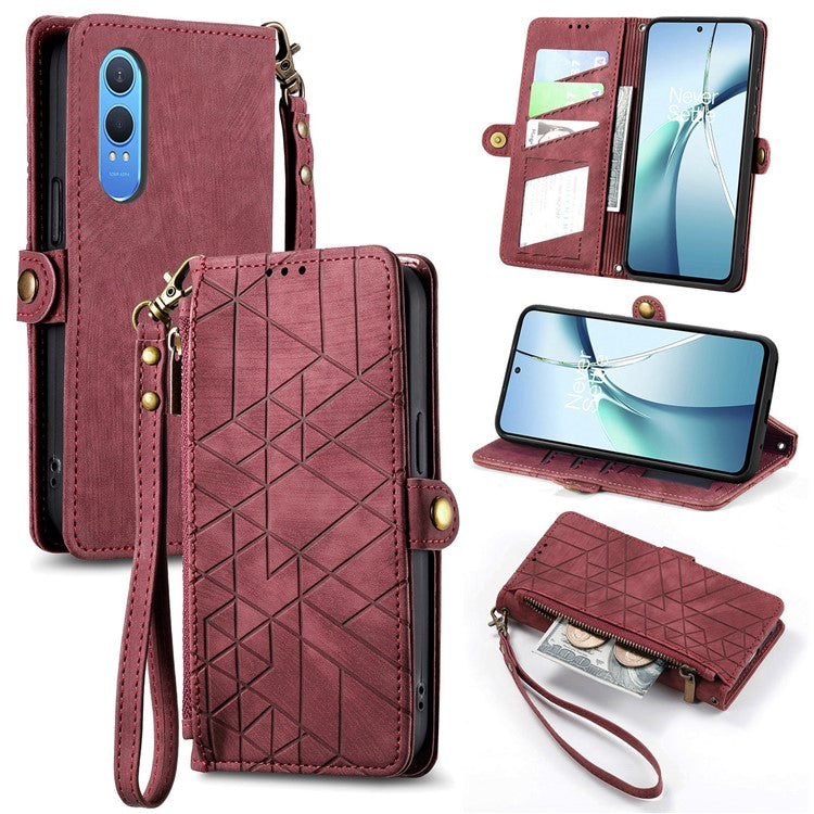 For OnePlus Nord CE4 Lite 5G / Oppo K12x 5G (China) Case Zipper Wallet Geometry Lines Leather Phone Cover - Red