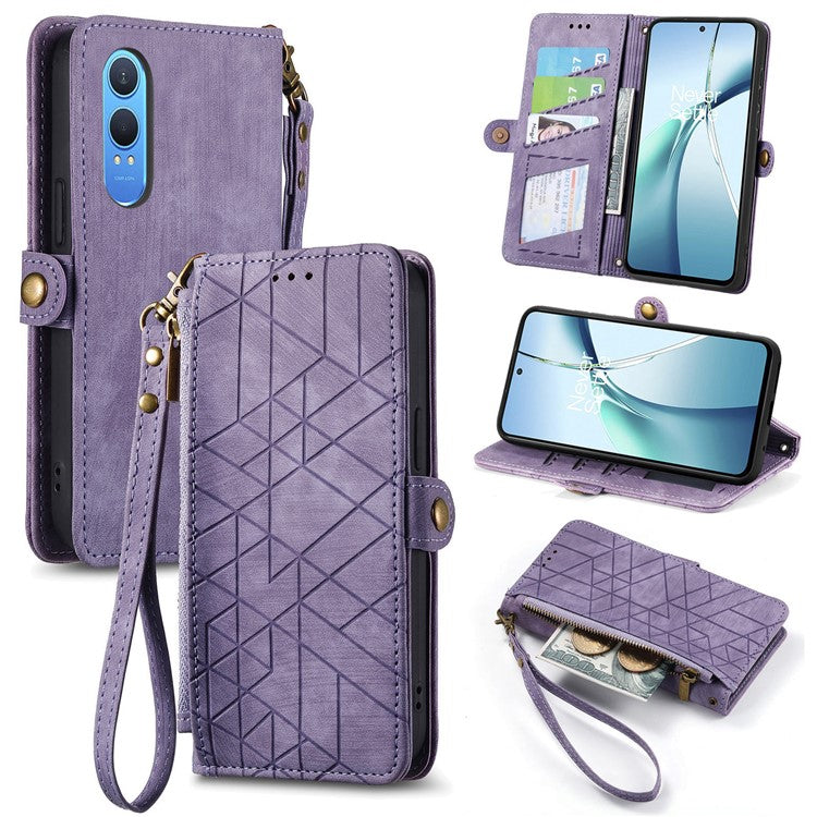 For OnePlus Nord CE4 Lite 5G / Oppo K12x 5G (China) Case Zipper Wallet Geometry Lines Leather Phone Cover - Light Purple