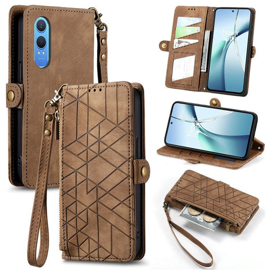 For OnePlus Nord CE4 Lite 5G / Oppo K12x 5G (China) Case Zipper Wallet Geometry Lines Leather Phone Cover - Brown