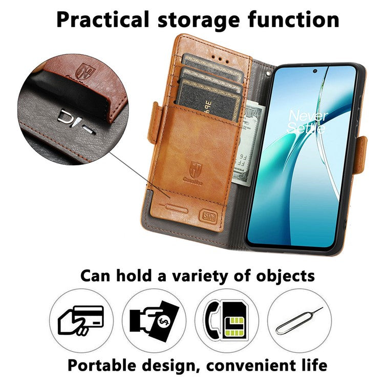 CASENEO 002 Series For OnePlus Nord CE4 Lite 5G / Oppo K12x 5G (China) Case Stand Wallet Splicing PU Leather Cover - Dark Brown