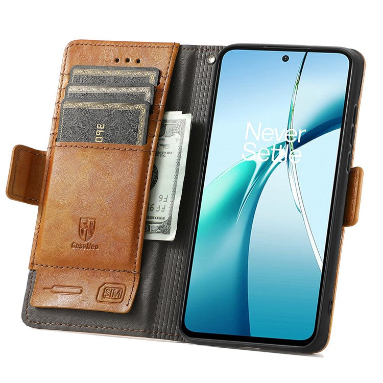 CASENEO 002 Series For OnePlus Nord CE4 Lite 5G / Oppo K12x 5G (China) Case Stand Wallet Splicing PU Leather Cover - Light Brown
