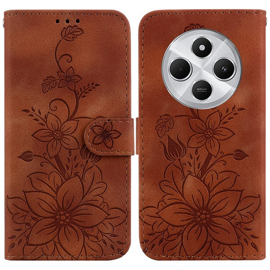 For Xiaomi Poco C75 4G / Redmi 14R 5G / 14C 4G Case Lily Flower Imprint Leather Phone Cover with Stand - Brown