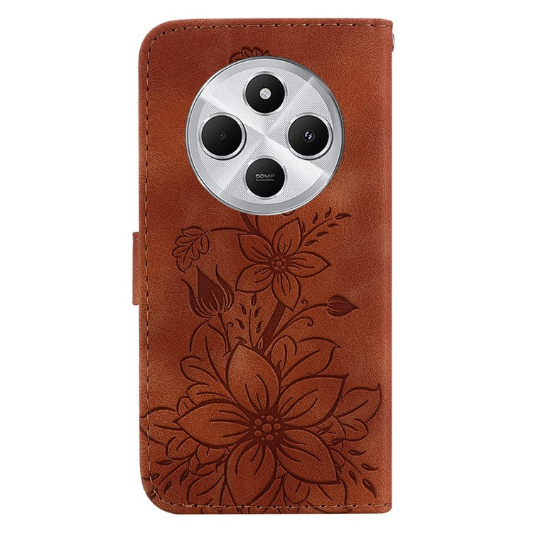 For Xiaomi Poco C75 4G / Redmi 14R 5G / 14C 4G Case Lily Flower Imprint Leather Phone Cover with Stand - Brown