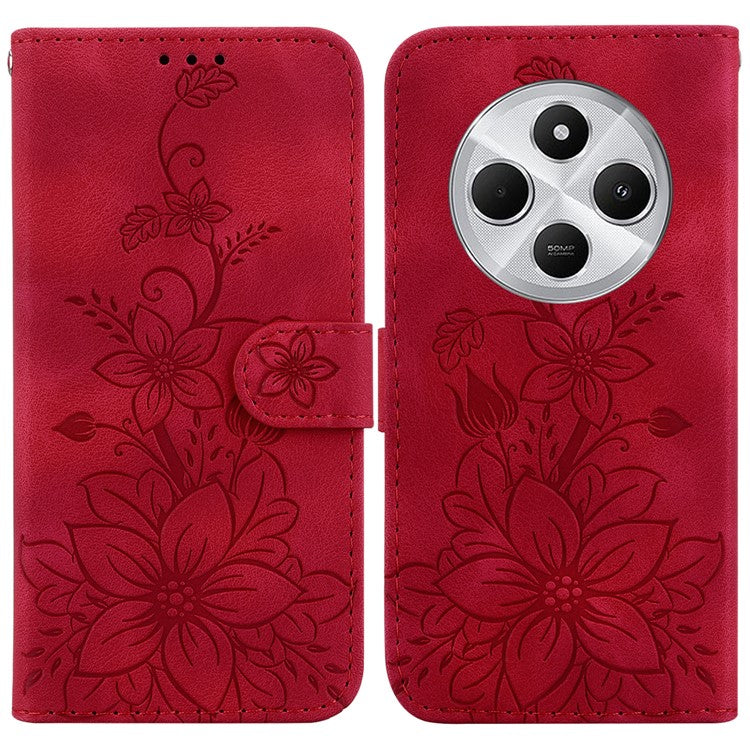For Xiaomi Poco C75 4G / Redmi 14R 5G / 14C 4G Case Lily Flower Imprint Leather Phone Cover with Stand - Red