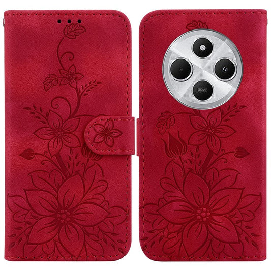 For Xiaomi Poco C75 4G / Redmi 14R 5G / 14C 4G Case Lily Flower Imprint Leather Phone Cover with Stand - Red