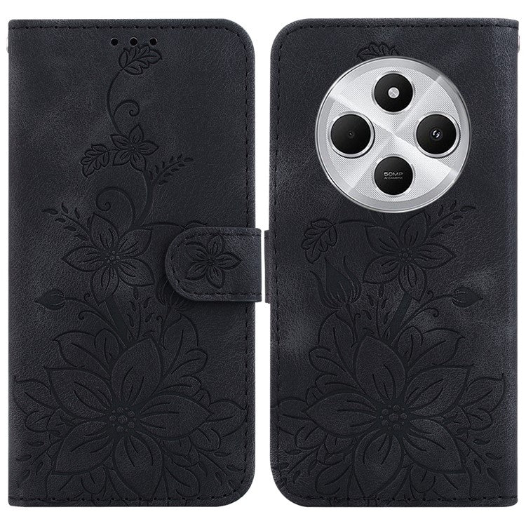 For Xiaomi Poco C75 4G / Redmi 14R 5G / 14C 4G Case Lily Flower Imprint Leather Phone Cover with Stand - Black