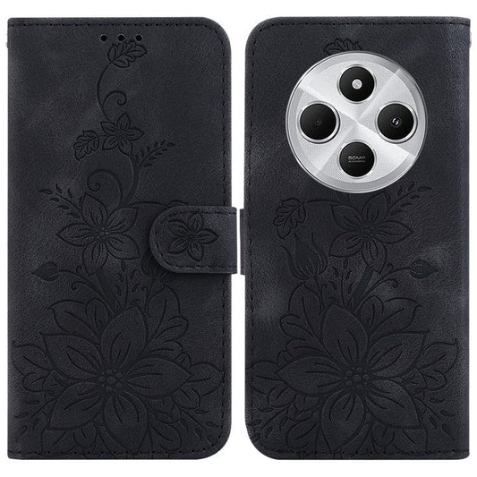 For Xiaomi Poco C75 4G / Redmi 14R 5G / 14C 4G Case Lily Flower Imprint Leather Phone Cover with Stand - Black