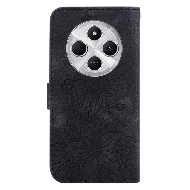 For Xiaomi Poco C75 4G / Redmi 14R 5G / 14C 4G Case Lily Flower Imprint Leather Phone Cover with Stand - Black