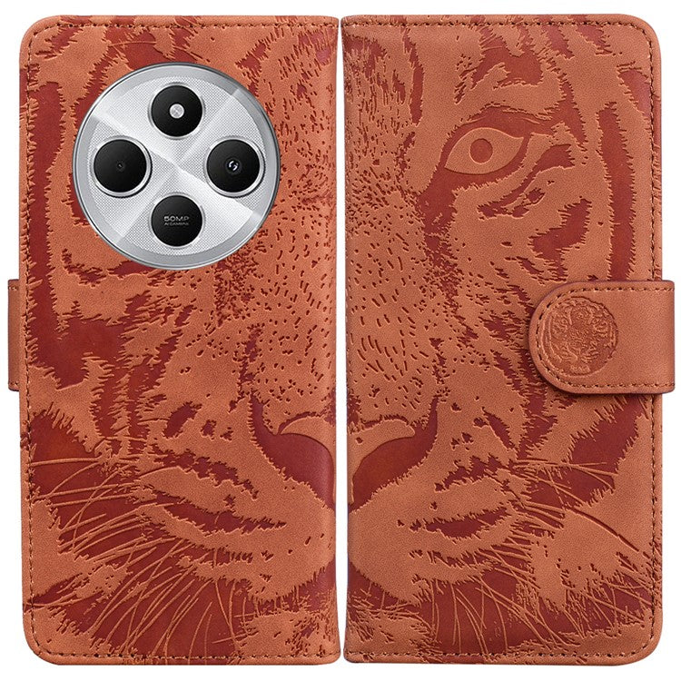 For Xiaomi Poco C75 4G / Redmi 14R 5G / 14C 4G Case Tiger Imprint Leather Wallet Phone Cover - Brown