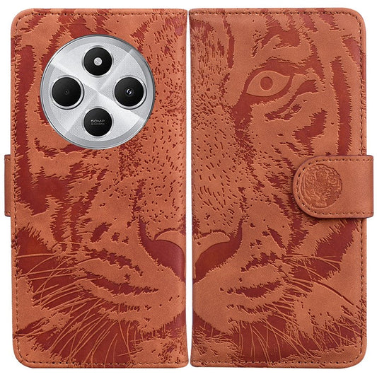 For Xiaomi Poco C75 4G / Redmi 14R 5G / 14C 4G Case Tiger Imprint Leather Wallet Phone Cover - Brown