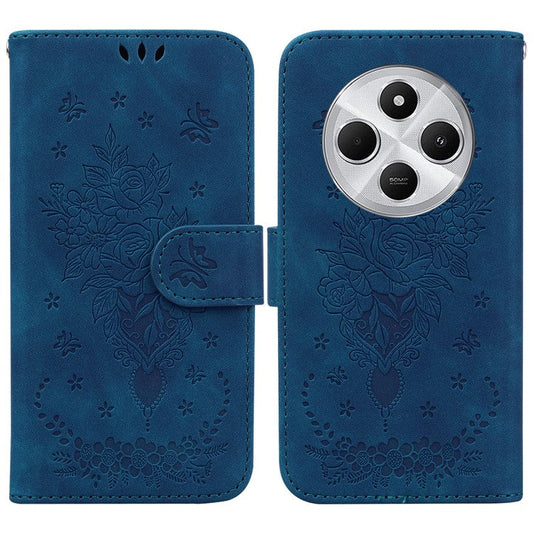 For Xiaomi Redmi 14C 4G Case PU Leather Wallet Phone Cover Butterfly Flower Imprint - Blue