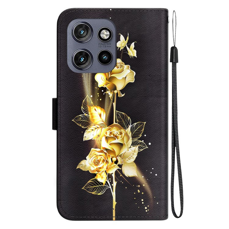 For Motorola Edge 50 Neo 5G / Moto S50 5G / Thinkphone 25 5G Wallet Phone Case Anti-Drop Leather Flip Cover Pattern Printing - Gold Butterfly Rose