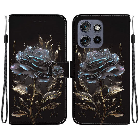 For Motorola Edge 50 Neo 5G / Moto S50 5G Wallet Phone Case Anti-Drop Leather Flip Cover Pattern Printing - Black Rose