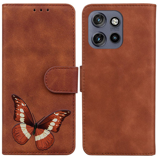 For Motorola Edge 50 Neo 5G / Moto S50 5G Stand Case PU Leather Phone Cover Butterfly Printed - Brown