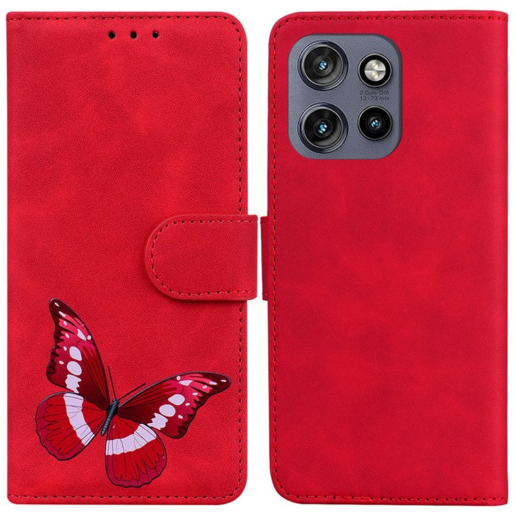 For Motorola Edge 50 Neo 5G / Moto S50 5G Stand Case PU Leather Phone Cover Butterfly Printed - Red
