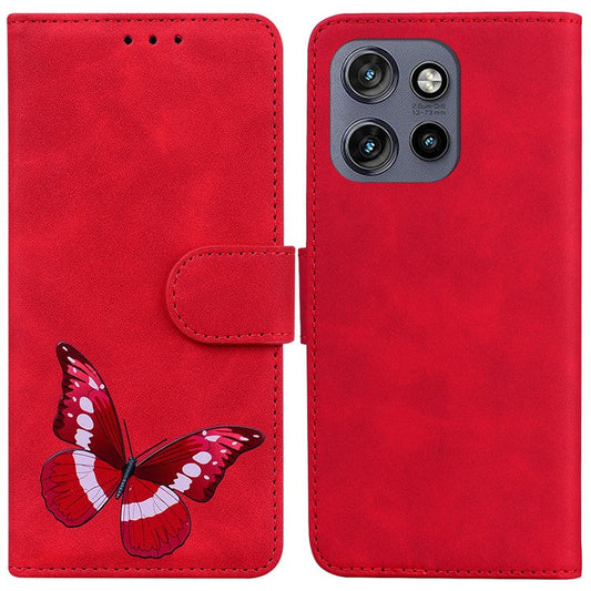 For Motorola Edge 50 Neo 5G / Moto S50 5G Stand Case PU Leather Phone Cover Butterfly Printed - Red