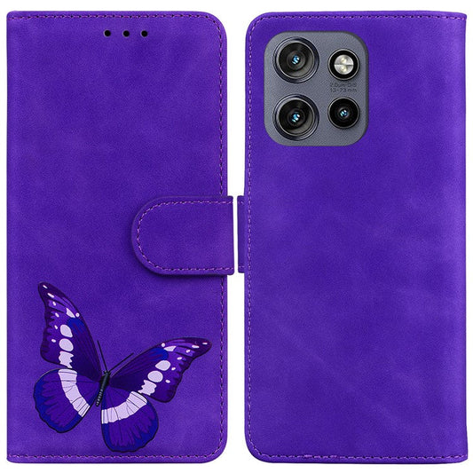 For Motorola Edge 50 Neo 5G / Moto S50 5G Stand Case PU Leather Phone Cover Butterfly Printed - Purple