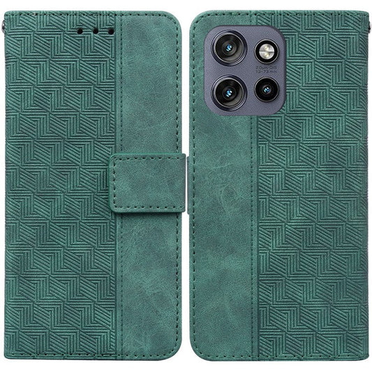 For Motorola Edge 50 Neo 5G / Moto S50 5G Case Geometry Pattern Leather Wallet Phone Cover - Green