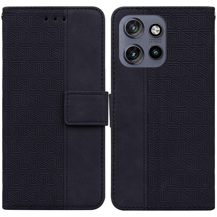 For Motorola Edge 50 Neo 5G / Moto S50 5G Case Geometry Pattern Leather Wallet Phone Cover - Black
