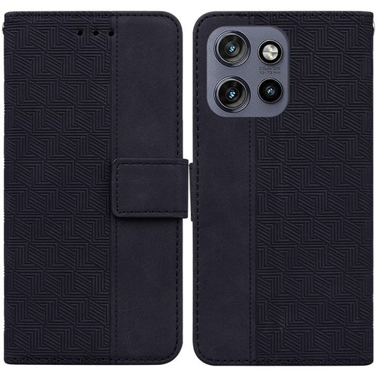 For Motorola Edge 50 Neo 5G / Moto S50 5G Case Geometry Pattern Leather Wallet Phone Cover - Black