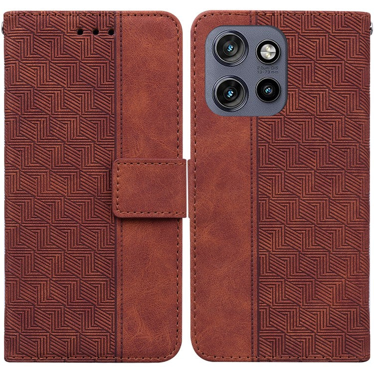 For Motorola Edge 50 Neo 5G / Moto S50 5G Case Geometry Pattern Leather Wallet Phone Cover - Brown