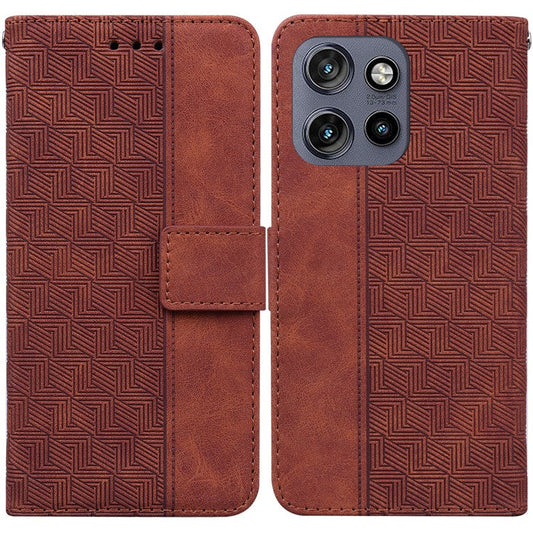For Motorola Edge 50 Neo 5G / Moto S50 5G Case Geometry Pattern Leather Wallet Phone Cover - Brown