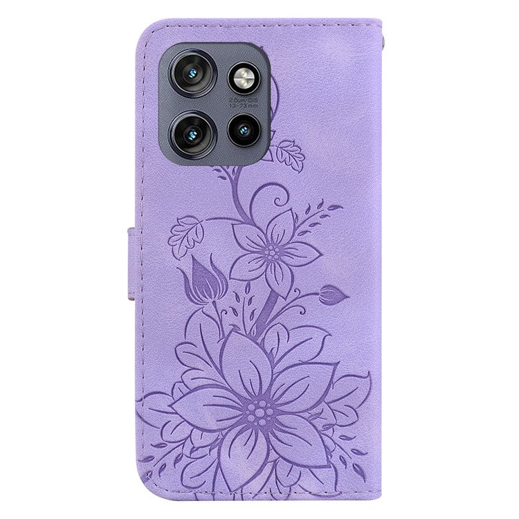 For Motorola Edge 50 Neo 5G / Moto S50 5G Case Lily Flower Imprint Leather Phone Cover with Stand - Purple