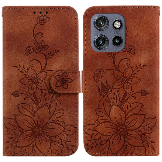 For Motorola Edge 50 Neo 5G / Moto S50 5G Case Lily Flower Imprint Leather Phone Cover with Stand - Brown