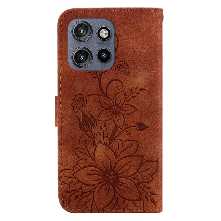 For Motorola Edge 50 Neo 5G / Moto S50 5G Case Lily Flower Imprint Leather Phone Cover with Stand - Brown
