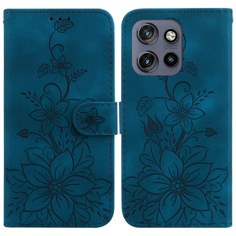For Motorola Edge 50 Neo 5G / Moto S50 5G Case Lily Flower Imprint Leather Phone Cover with Stand - Dark Blue