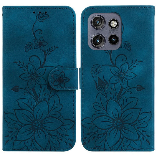 For Motorola Edge 50 Neo 5G / Moto S50 5G Case Lily Flower Imprint Leather Phone Cover with Stand - Dark Blue