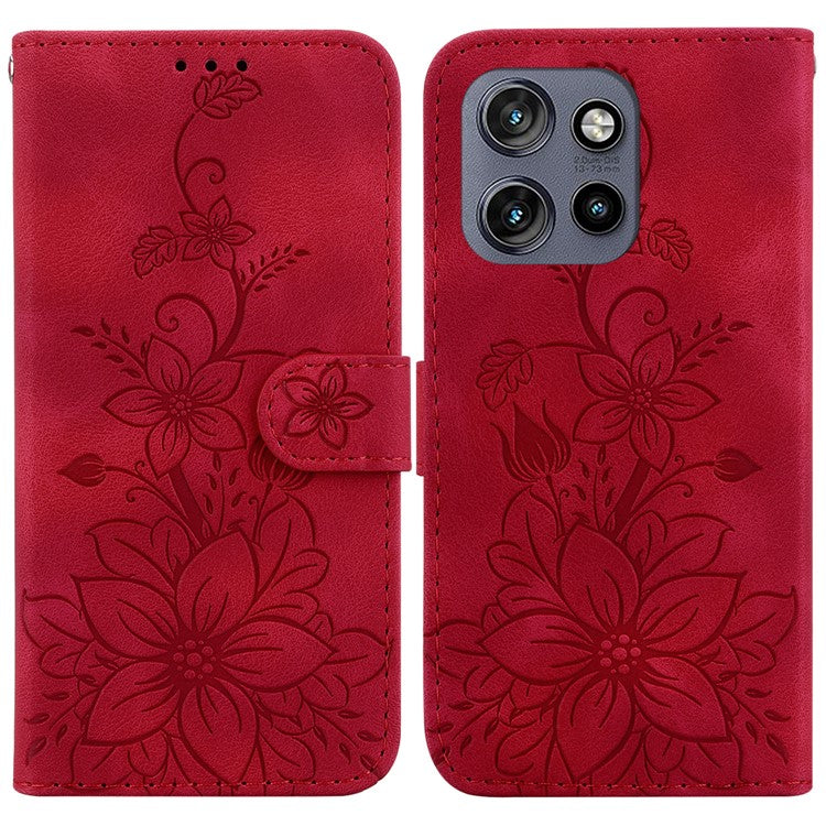 For Motorola Edge 50 Neo 5G / Moto S50 5G Case Lily Flower Imprint Leather Phone Cover with Stand - Red