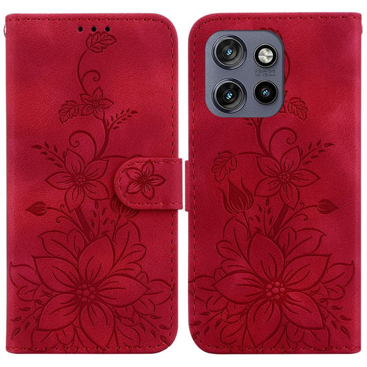 For Motorola Edge 50 Neo 5G / Moto S50 5G Case Lily Flower Imprint Leather Phone Cover with Stand - Red